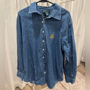 Ralph Lauren Blue Denim Button-Down Shirt with Gold Crest 100% Cotton